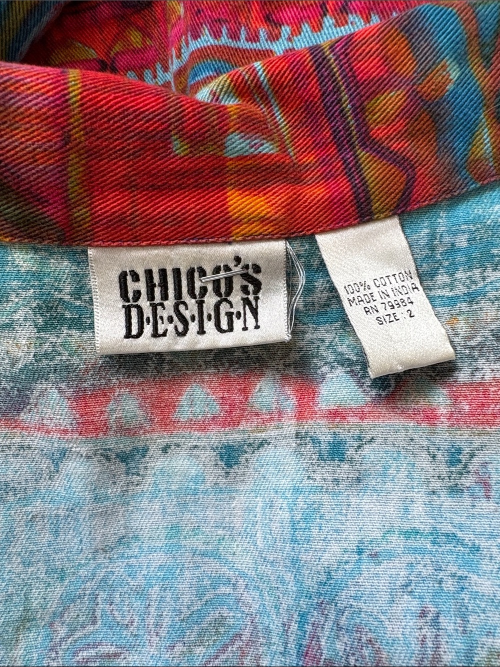 Chico's Multicolor Tribal-Print Jean Jacket - Red, Blue, Green, Pink - Picture 3 of 7